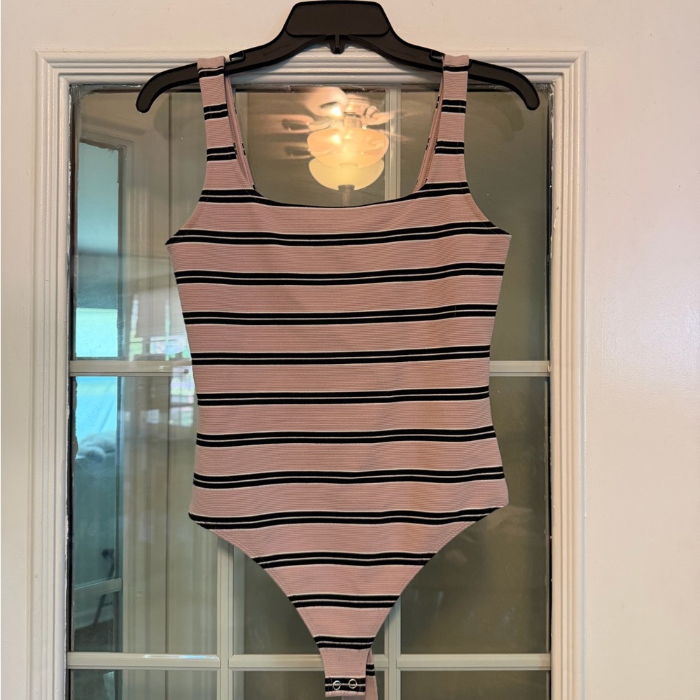 Express Pink and Black Striped Bodysuit